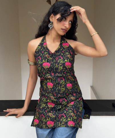 Black Lotus Halter Neck Backless Pure Cotton Short Kurti 1