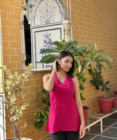 Hot pink Pure MulCotton Halter Neck Backless tying Short Kurti 1