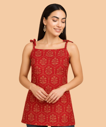 Red Pure Cotton Tying Short Kurti