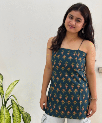 Teal Blue Noodle Strap Backlees tying Pure Cotton Short Kurti1