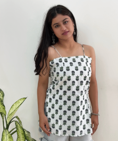 White Noodle Strap Backless tying Pure Cotton Short Kurti1